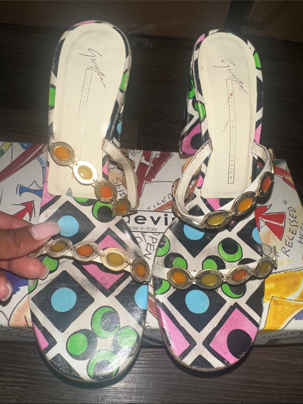 Giuseppe Zanotti Multicolor Geometric Mules with Gold Chain